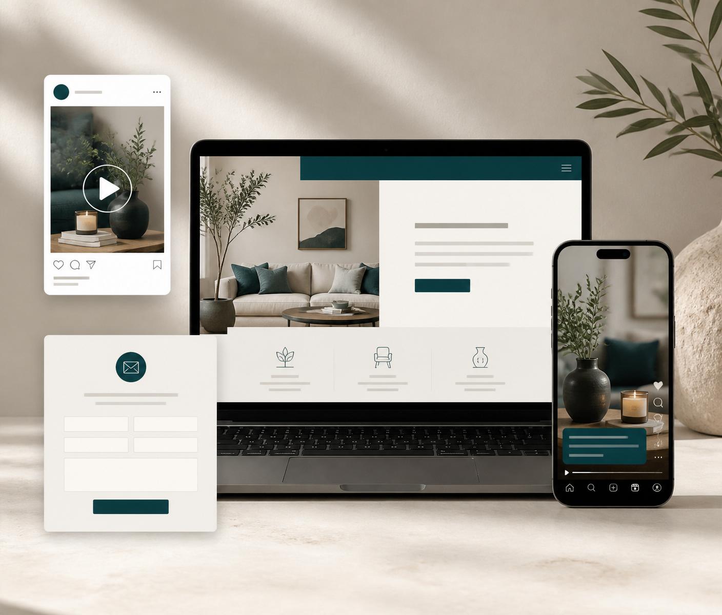Modern small business website shown on a laptop alongside a short-form social media video on a smartphone
